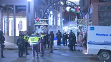 Boston police at Boylston Place Alley, where an encampment set up to protest the war in Gaza was cleared early Thursday, April 25, 2024.