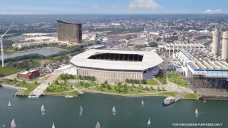 A rendering of a professional soccer stadium in Everett, Massachusetts, as proposed by the Kraft Group
