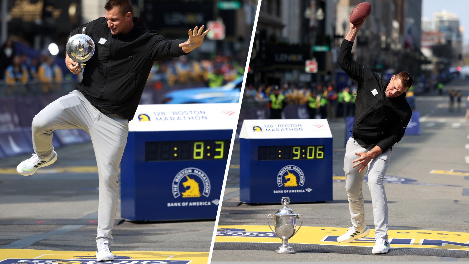 Former Patriots player and Boston Marathon Grand Marshall Rob Gronkowski posing for photos at the finish line of the Boston Marathon.