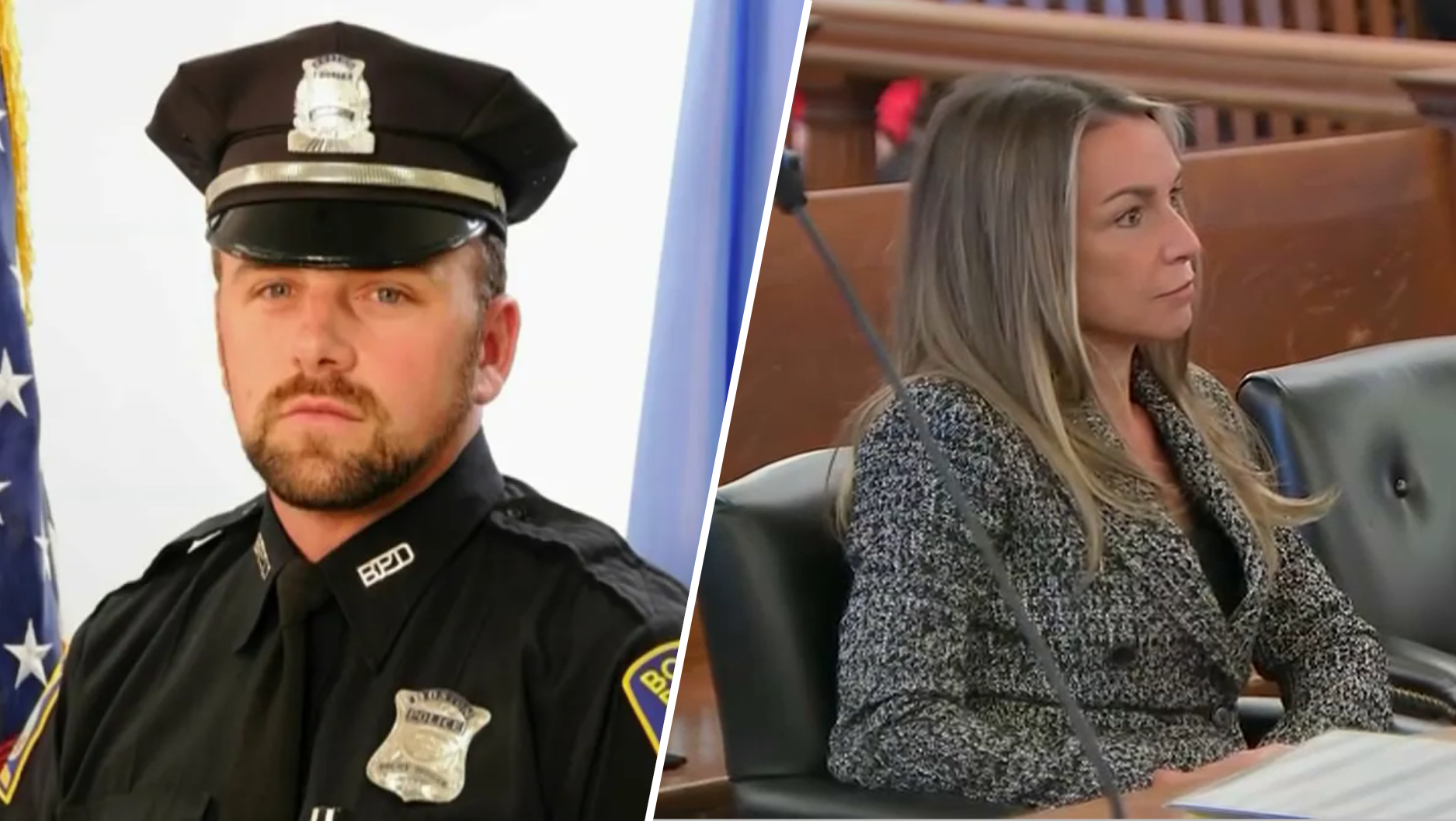 A department image of Boston Police Officer John O'Keefe and Karen Read in court on charges she killed O'Keefe, her boyfriend, in Canton, Massachusetts, on Jan. 29, 2022.