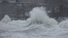 Waves crash ashore on Lynn, Massachusetts, during a storm on Thursday, April 4, 2024.