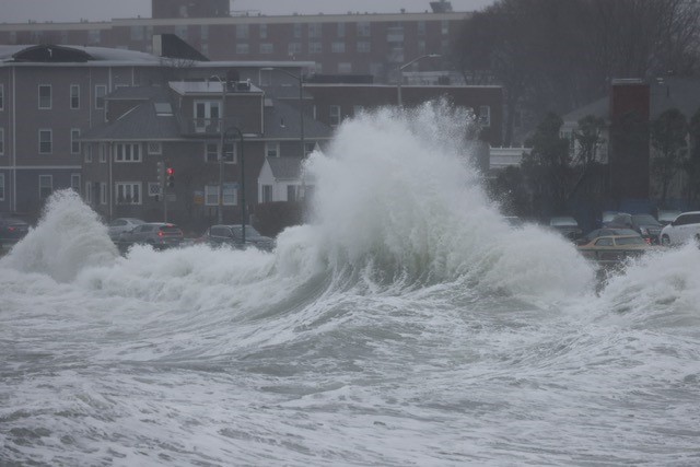 Waves crash ashore on Lynn, Massachusetts, during a storm on Thursday, April 4, 2024.