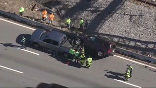 A car crash on the Massachusetts Turnpike in Boston on Tuesday, April 23, 2024.