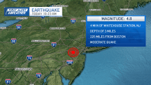 A graphic showing where an earthquake felt in Boston, Massachusetts, and across the Northeaster was centered — in New Jersey — on Friday, April 5, 2024.