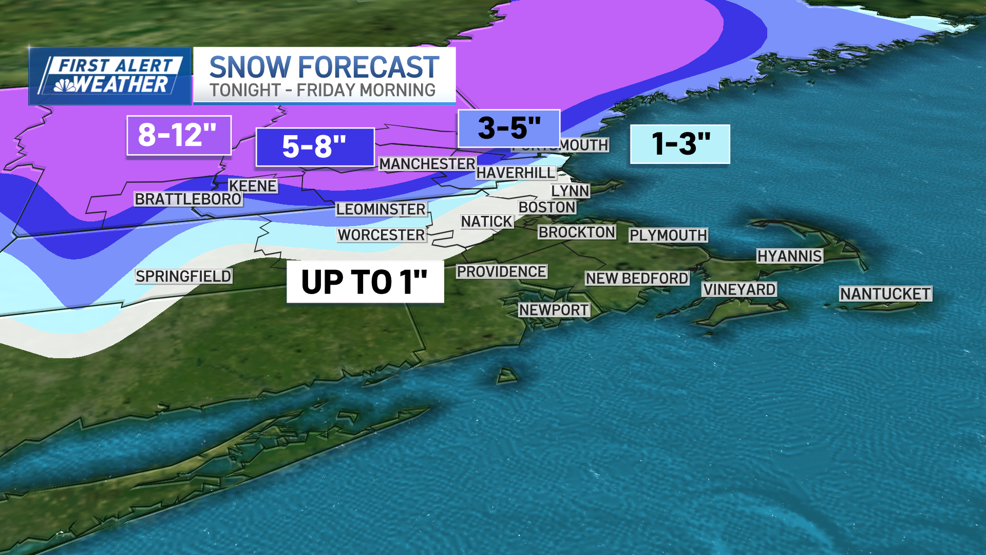 Expected snowfall across Massachusetts, New Hampshire, Vermont and Maine through Thursday, April 4, 2024. Up to a foot of snow is possible through much of northern New England, down to a band of up to 1 inch across most of western and northern Massachusetts.