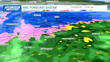 Widespread snow north of the Massachusetts Turnpike at midnight the morning of Thursday, April 4, 2024, according to the NBC forecast system.