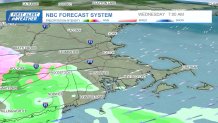 A nor'easter storm moving into Greater Boston on the morning of Wednesday, April 3, 2024, according to the NBC forecast system.