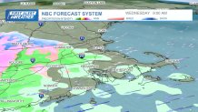 A nor'easter storm moving into Greater Boston on the morning of Wednesday, April 3, 2024, according to the NBC forecast system.