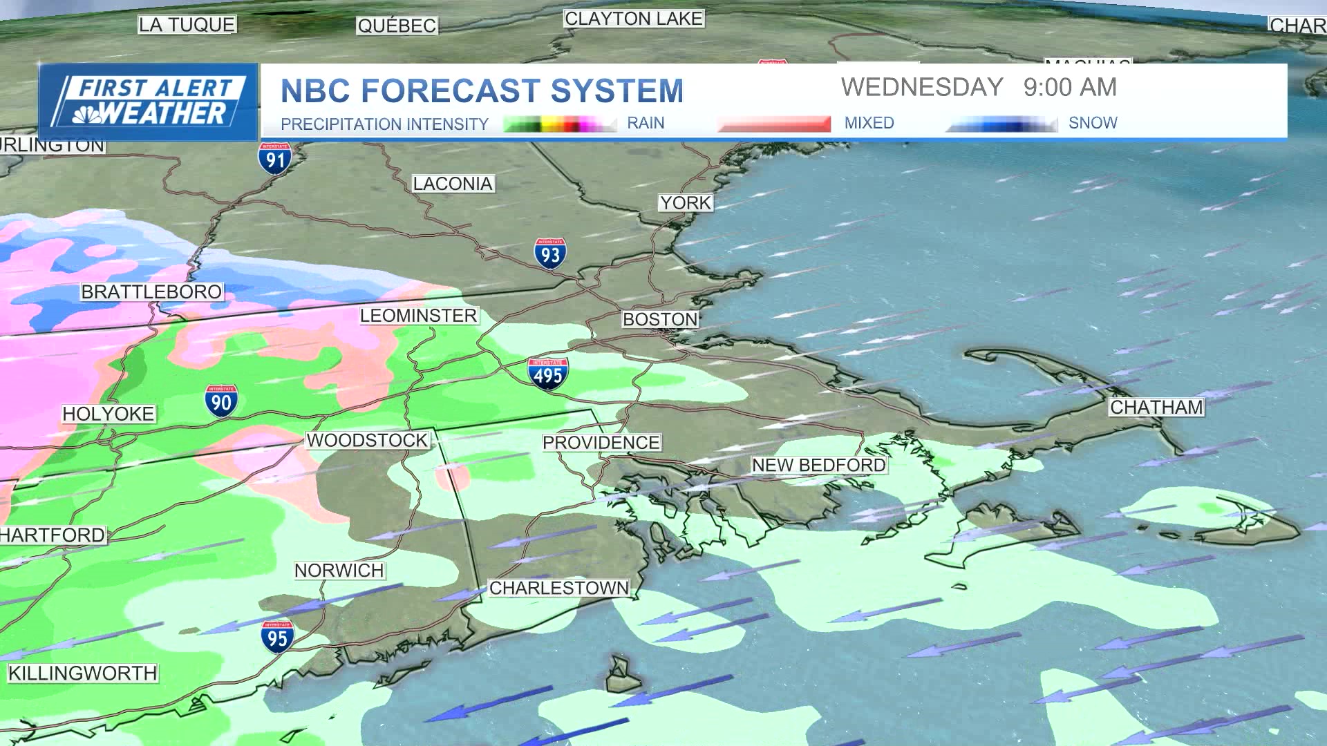 A nor'easter storm moving into Greater Boston on the morning of Wednesday, April 3, 2024, according to the NBC forecast system.