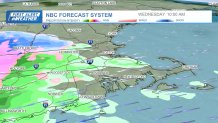 Rain reaching Boston and snow arriving in New Hampshire late morning on Wednesday, April 3, 2024, according to the NBC forecast system.