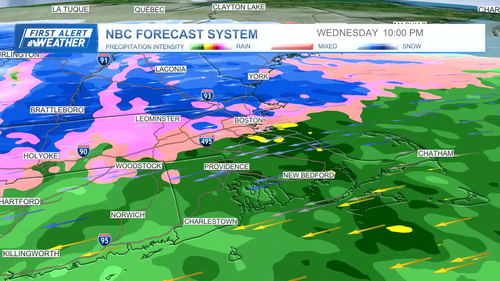 Snow reaching into the northern Boston area during a storm on the night of Wednesday, April 3, 2024, according to the NBC forecast system.