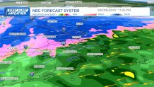 Snow reaching into the northern Boston area during a storm on the night of Wednesday, April 3, 2024, according to the NBC forecast system.