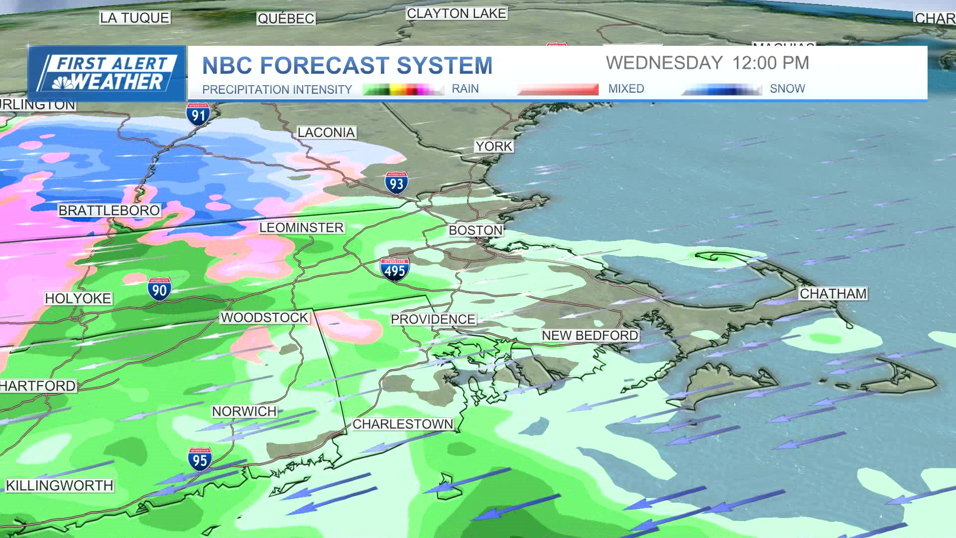 Rain reaching Boston and snow arriving in New Hampshire at noon on Wednesday, April 3, 2024, according to the NBC forecast system.