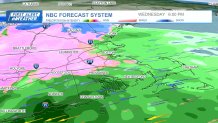 Wintry mix reaching toward Boston amid a storm on the afternoon of Wednesday, April 3, 2024, according to the NBC forecast system.