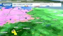 Wintry mix reaching toward Boston amid a storm on the evening of Wednesday, April 3, 2024, according to the NBC forecast system.
