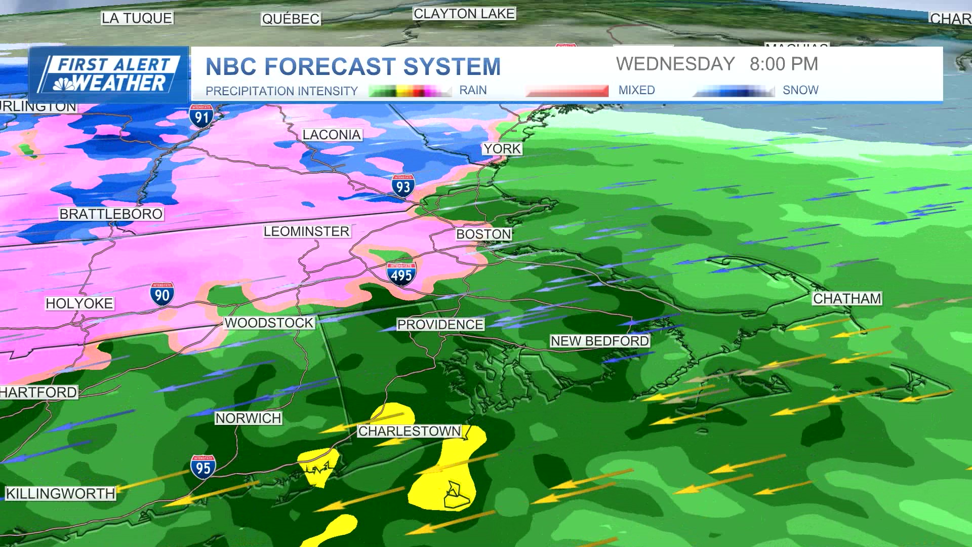 Wintry mix reaching toward Boston amid a storm on the evening of Wednesday, April 3, 2024, according to the NBC forecast system.