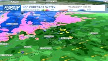 Snow reaching into the northern Boston area during a storm on the night of Wednesday, April 3, 2024, according to the NBC forecast system.