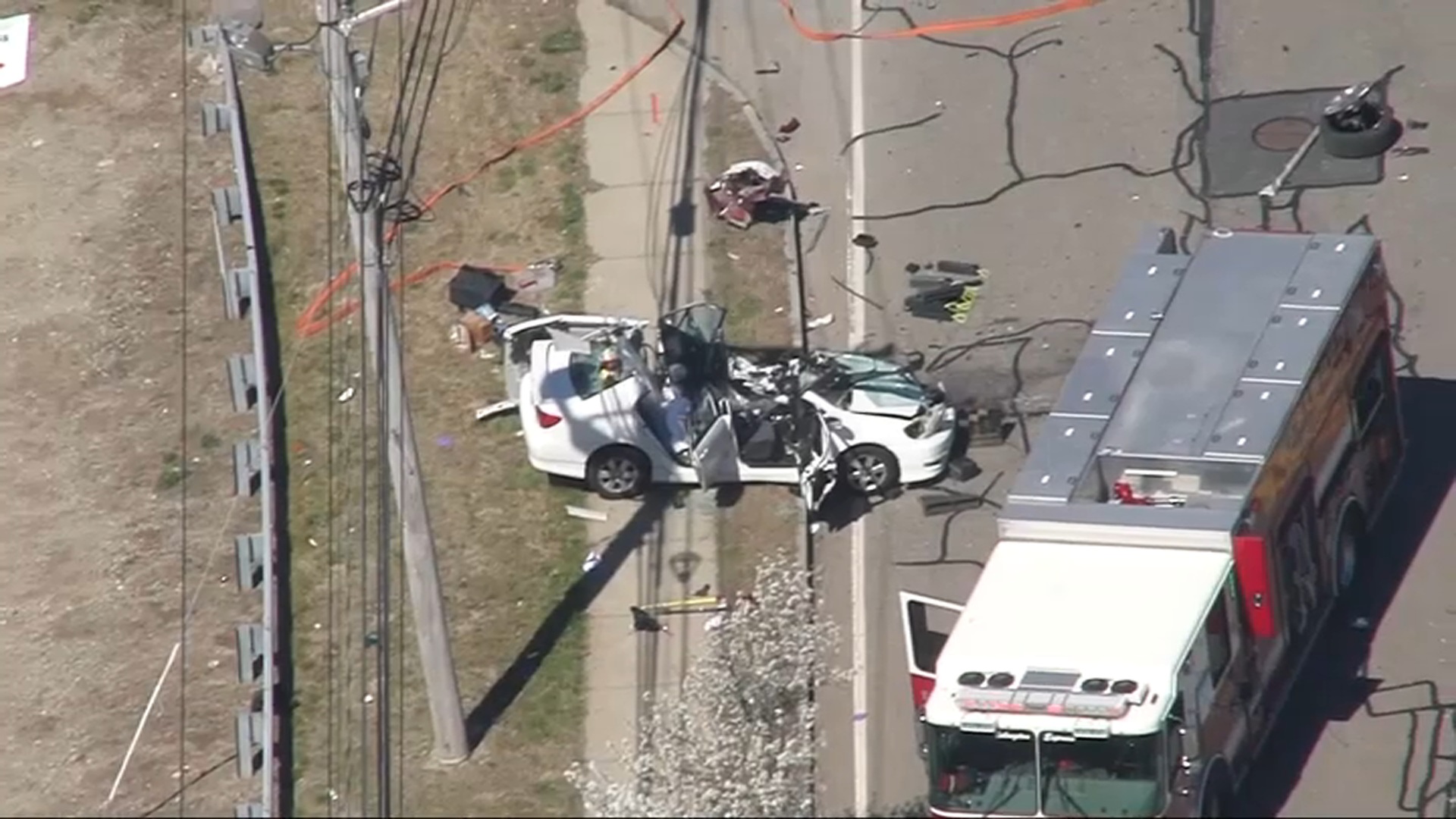 A wrecked car in Norwood, Massachusetts, after a crash on Tuesday, April 16, 2024.