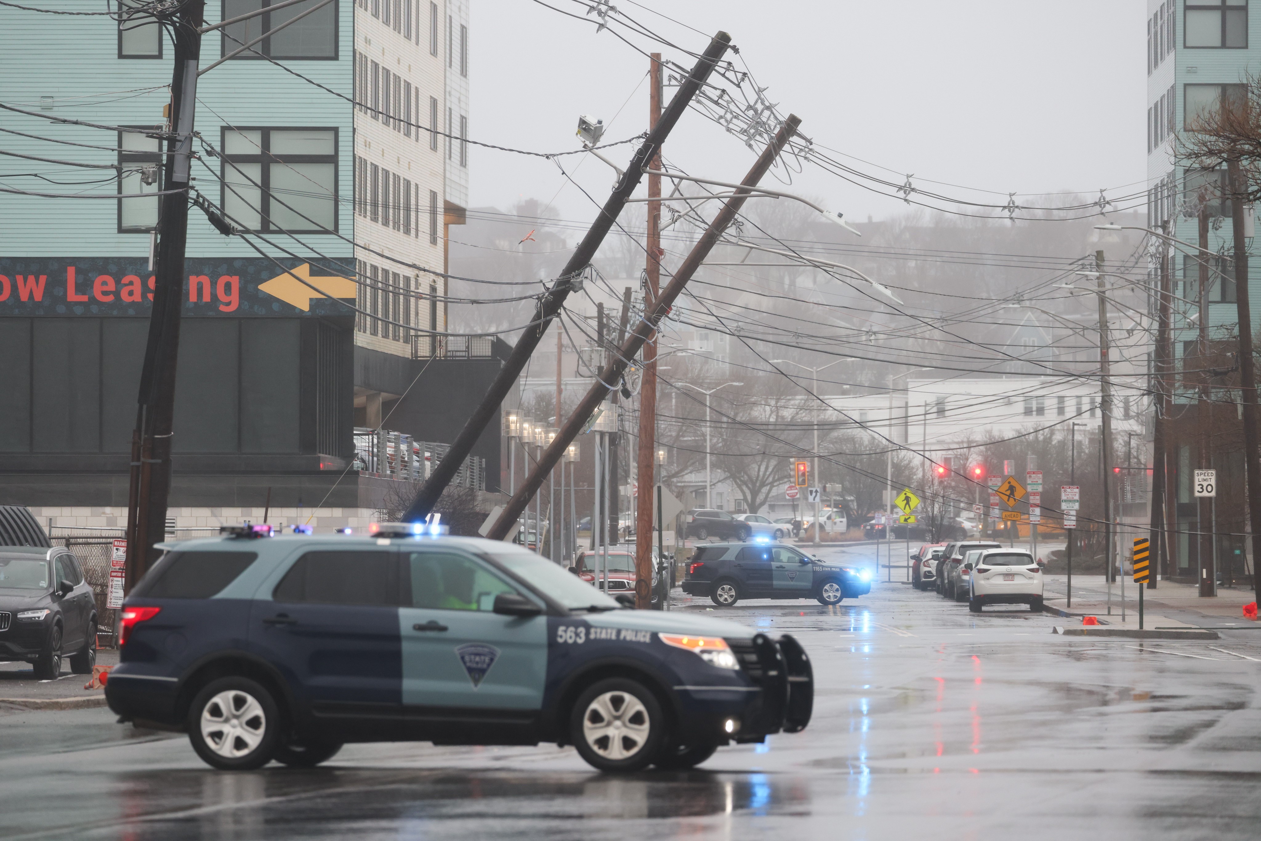 Power lines knocked over in Revere, Massachusetts, during a storm on Thursday, April 4, 2024.