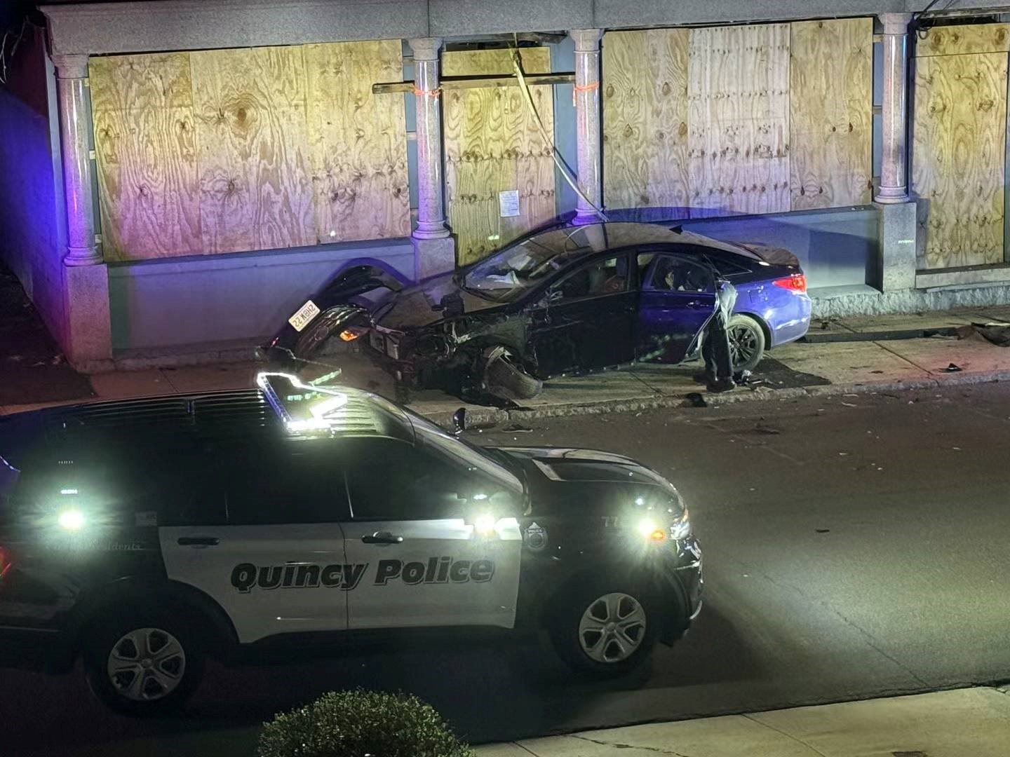 A crashed car in Quincy, Massachusetts, early Wednesday, April 17, 2024.