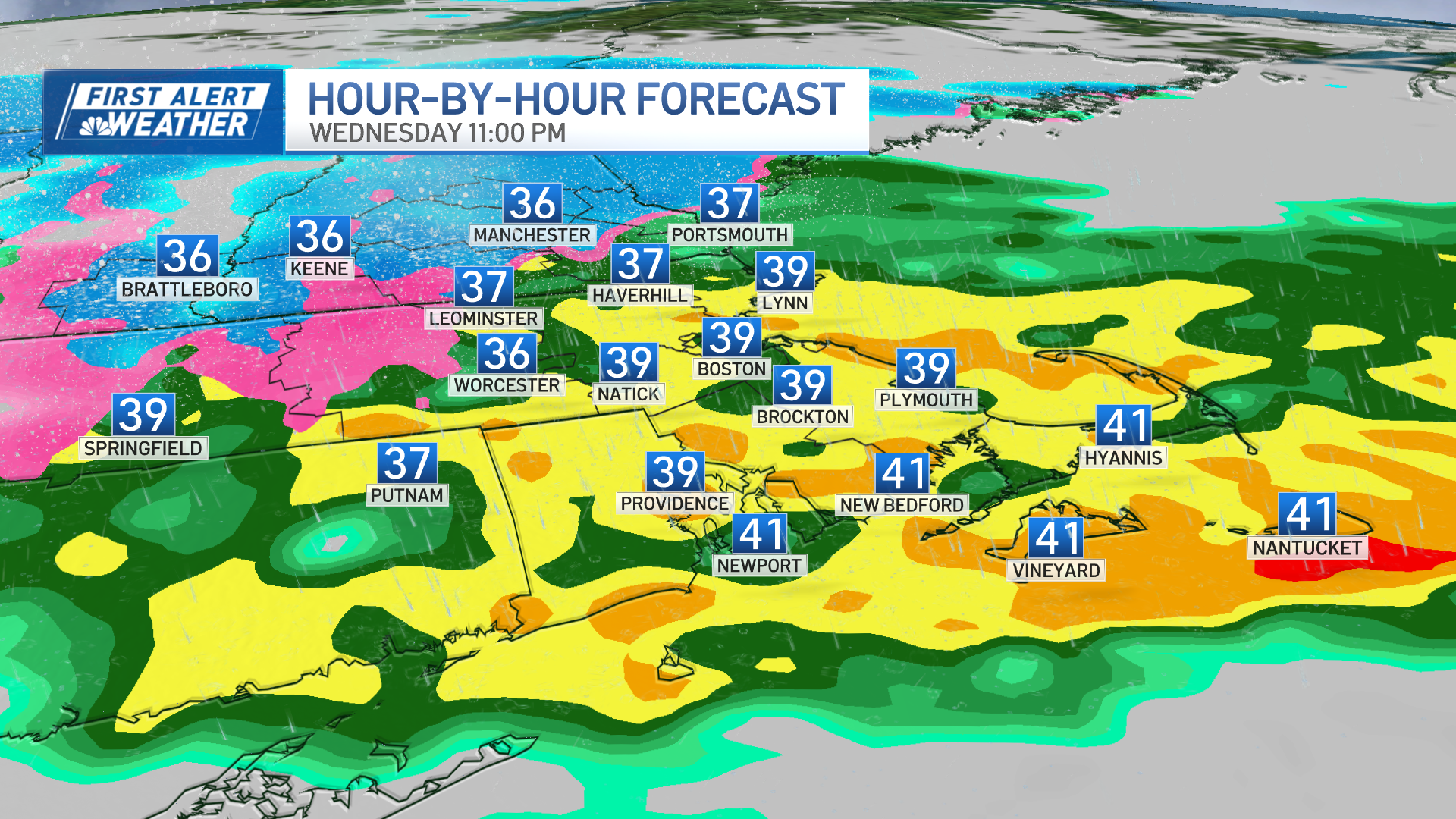 Heavy rain or snow is expected across much of New England late Wednesday, April 3, 2024.