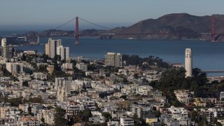 An aerial view of the city of San Francisco skyline and the Golden Gate Bridge in California, October 28, 2021.