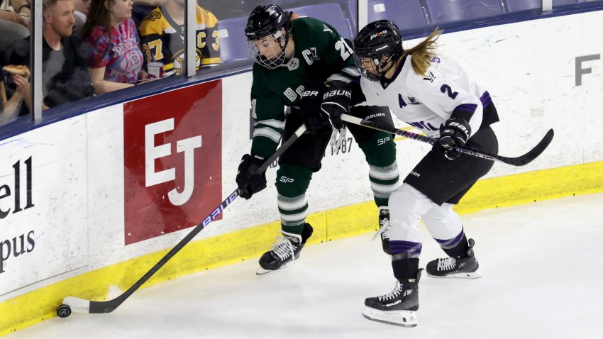 Boston forward Hilary Knight (21) and Minnesota defender Lee Stecklein (2)