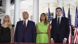 File - Barron Trump, from right, Melania Trump, Donald Trump and Tiffany Trump, stand in front of the White House during the Republican National Convention on the South Lawn in Washington, D.C., on Aug. 27, 2020.