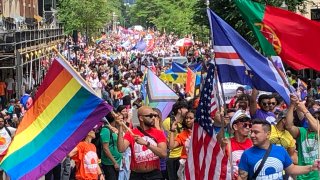 Boston, MA – June 10: Crowds gathered for the start of the Boston Pride parade. (Photo by John Tlumacki/The Boston Globe via Getty Images)