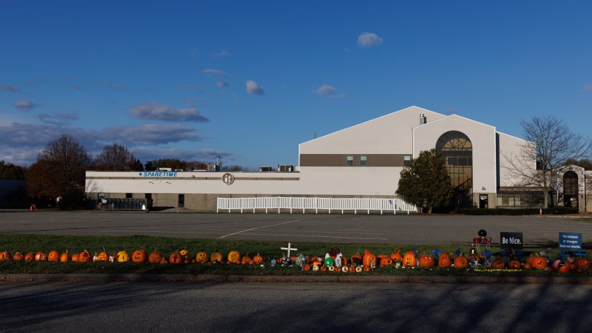 LEWISTON, ME – NOVEMBER 1: The memorial outside of Just-in-Time recreation on Wednesday, November 1, 2023.