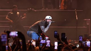 Post Malone performs with Morgan Wallen at the T-Mobile Mane Stage during the 2024 Stagecoach Festiva