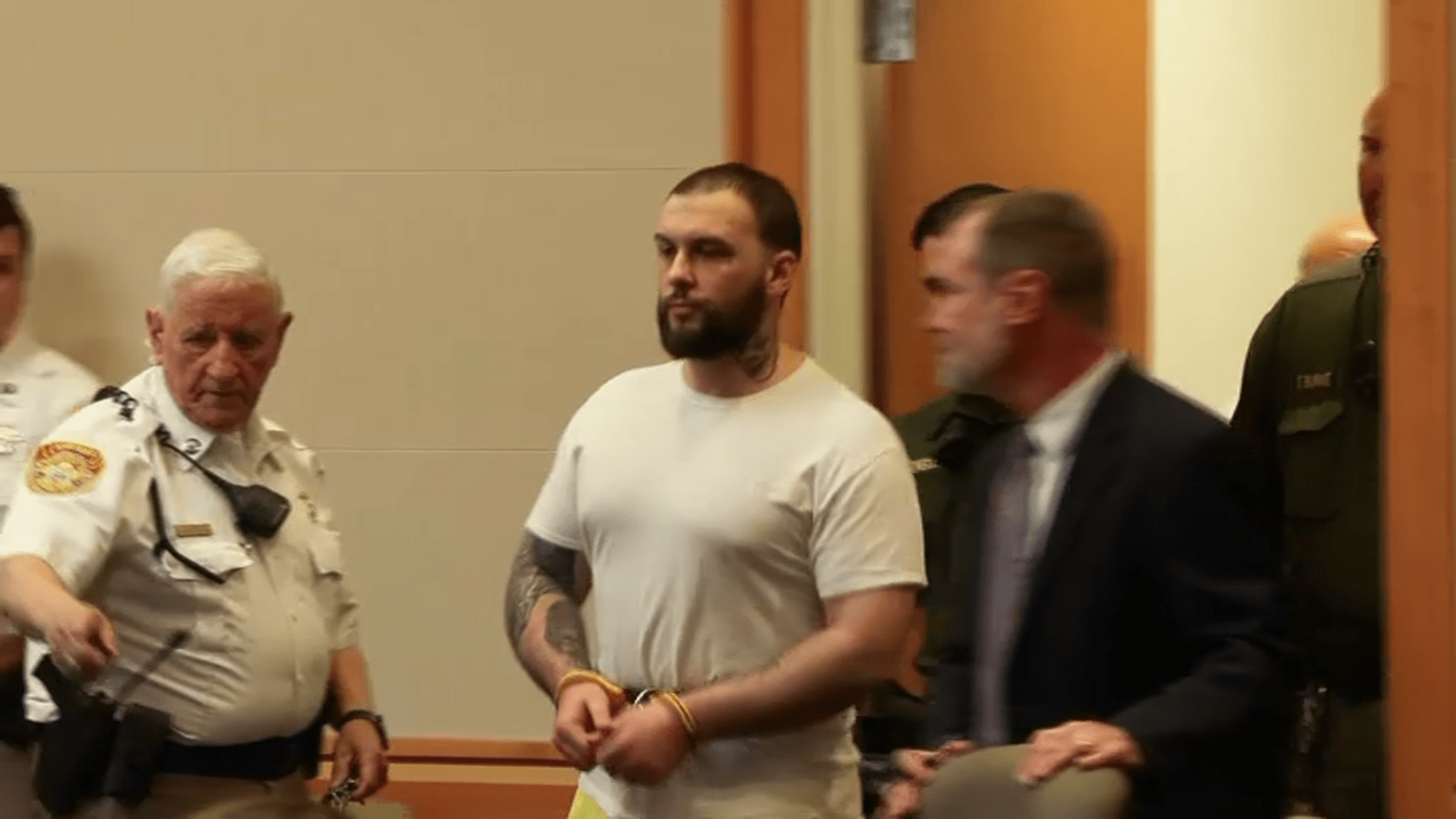 Adam Montgomery walking into a Manchester, New Hampshire, courtroom to be sentenced for the murder of his daughter, Harmony, on Thursday, May 9, 2024.