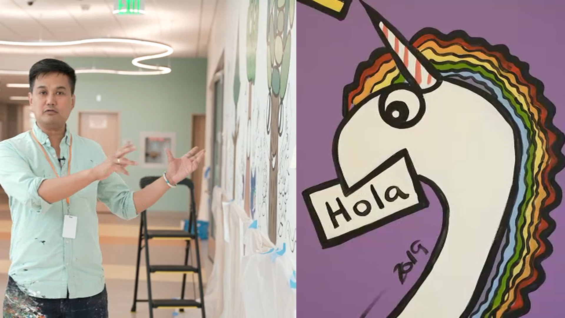 Artist Bren Bataclan and a close-up from one of his murals, of a unicorn with the world "Hola" in its mouth
