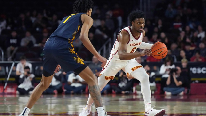 Jan 3, 2024; Los Angeles, California, USA; Southern California Trojans guard Bronny James (6) dribbles the ball against California Golden Bears guard Rodney Brown Jr. (1) in the second half at Galen Center. Mandatory Credit: Kirby Lee-USA TODAY Sports