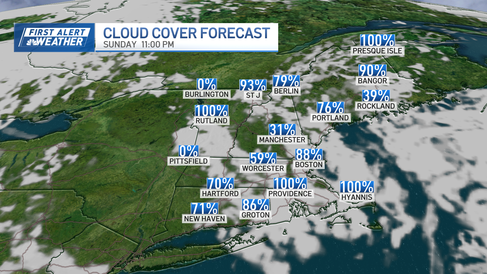 A forecast of cloud cover over New England at 11 p.m. Sunday, May 12, 2024.