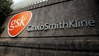 Company logo of pharmaceutical company GlaxoSmithKline is seen at their Stevenage facility, Britain October 26, 2020. 