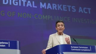 EU antitrust chief Margrethe Vestager holds a press conference in Brussels, Belgium, on March 25, 2024.