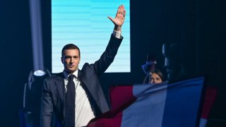 Jordan Bardella, president of the National Rally (RN), a French nationalist and right-wing populist party, arrives at his final rally ahead of the upcoming European Parliament election.