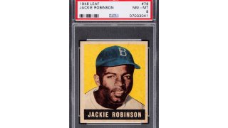 A 1948 Leaf #79 Jackie Robinson card, which is the only true rookie card of the sports icon.