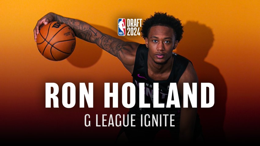 Ron Holland #0 of G League Ignite poses for a portrait against an orange backdrop. He holds a basketball as if he is dribbling. Text overlay reads, 2024 NBA Draft, Ron Holland, G League Ignite