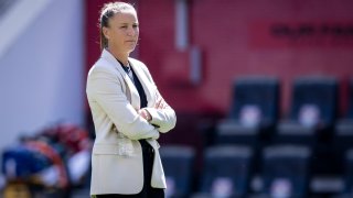 HARRISON, NJ – JUNE 19: Casey Stoney Head Coach of San Diego Wave FC watches her team warm up before the start of the Juneteenth National Womens Soccer League match against the NJ/NY Gotham FC at Red Bull Arena on June 19, 2022 in Harrison, New Jersey. (Photo by Ira L. Black – Corbis/Getty Images)