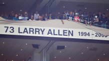 ARLINGTON,  TX - NOVEMBER 6:   Larry Allen of the Dallas Cowboys has his name added to the Ring of Honor at halftime during a game against the Seattle Seahawks at Cowboys Stadium on November 6, 2011 in Arlington, Texas.  The Cowboys defeated the Seahawks 23 to 13.  