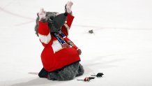 SUNRISE, FL - JANUARY 15: Florida Panthers Mascot Viktor E. Ratt gathers his rat buddies for a quick prayer to give thanks for their 9-2 win over the Columbus Blue Jackets at the FLA Live Arena on January 15, 2022 in Sunrise, Florida. (Photo by Eliot J. Schechter/NHLI via Getty Images)