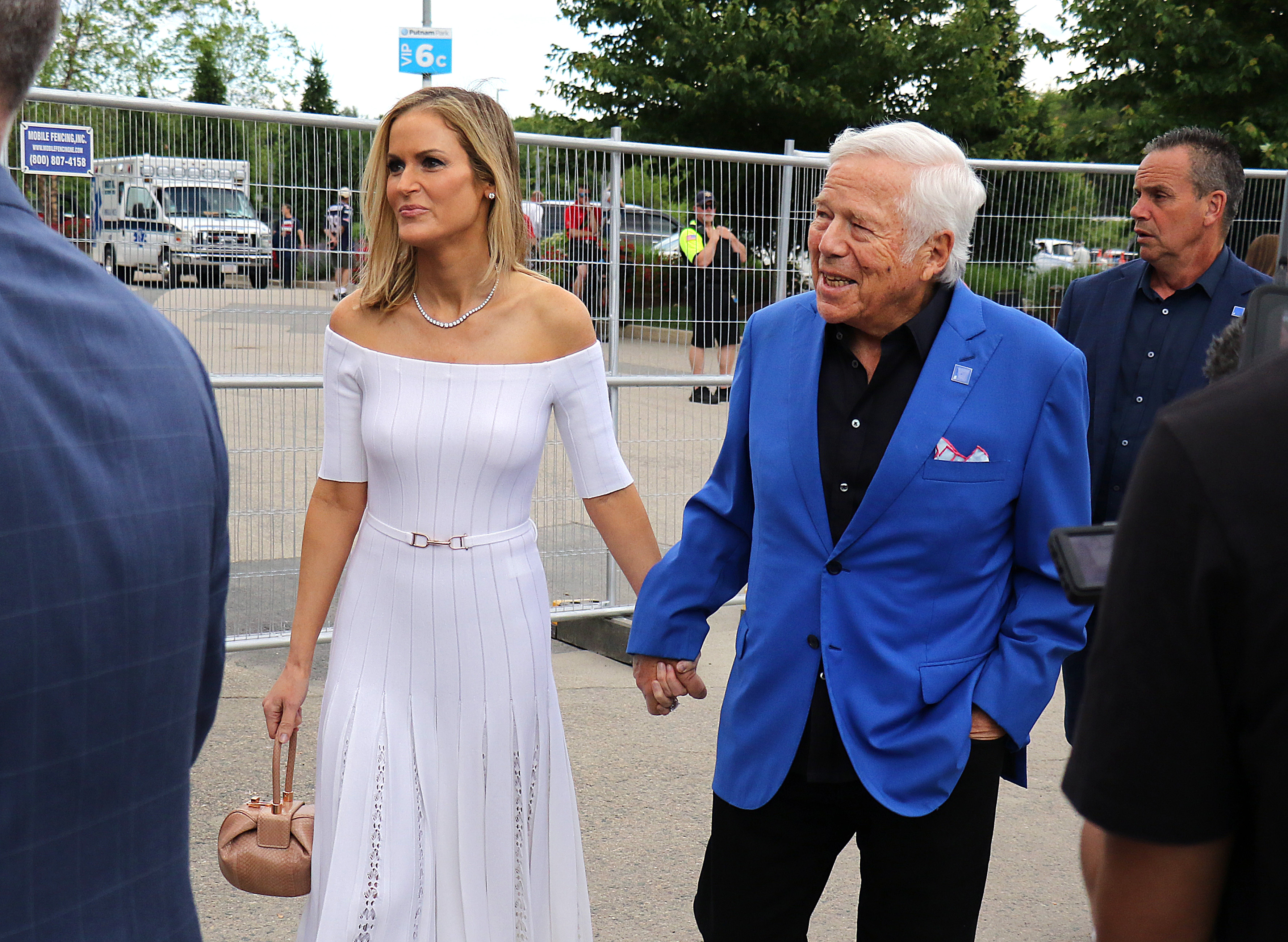 Patriots owner Robert Kraft and his wife Dana Blumberg arrive at former New England Patriots quarterback Tom Brady’s Hall of Fame induction at Gillette Stadium.