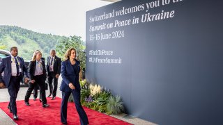 US Vice President Kamala Harris (R) arrives at the luxury Burgenstock resort for the Summit on peace in Ukraine