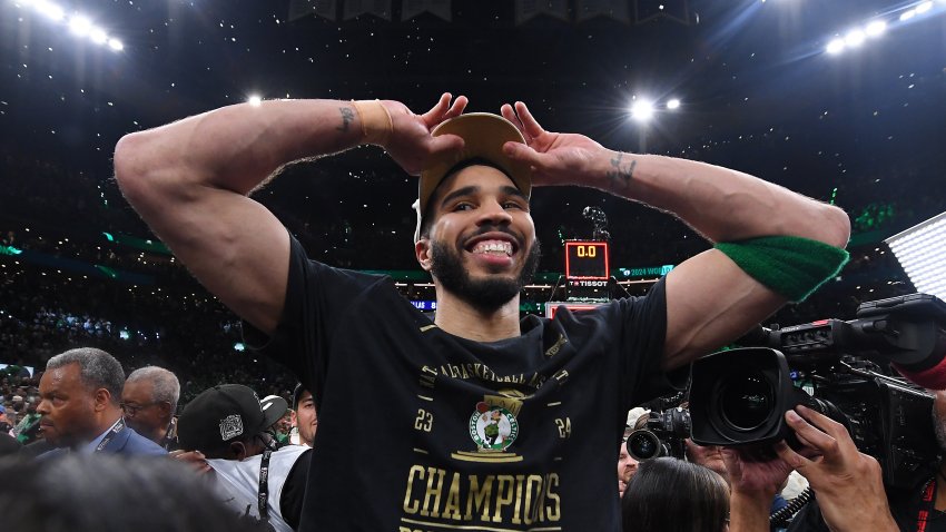 BOSTON, MA – JUNE 17: Jayson Tatum #0 of the Boston Celtics celebrates after winning Game 5 of the 2024 NBA Finals against the Dallas Mavericks on June 17, 2024 at the TD Garden in Boston, Massachusetts. NOTE TO USER: User expressly acknowledges and agrees that, by downloading and or using this photograph, User is consenting to the terms and conditions of the Getty Images License Agreement. Mandatory Copyright Notice: Copyright 2024 NBAE  (Photo by Brian Babineau/NBAE via Getty Images)