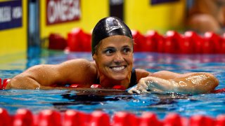 OMAHA, NE – JULY 04:  Dara Torres smiles after winning the final of the 100 meter freestyle and qualifying for her fifth Olympic team during the U.S. Swimming Olympic Trials on July 4, 2008 at the Qwest Center in Omaha, Nebraska.  (Photo by Jamie Squire/Getty Images)