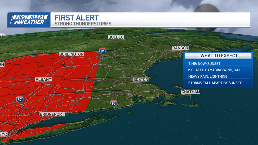 A graphic showing where strong thunderstorms are expected in New England (Vermont, western Massachusetts, western Connecticut) on Thursday, June 6, 2024.