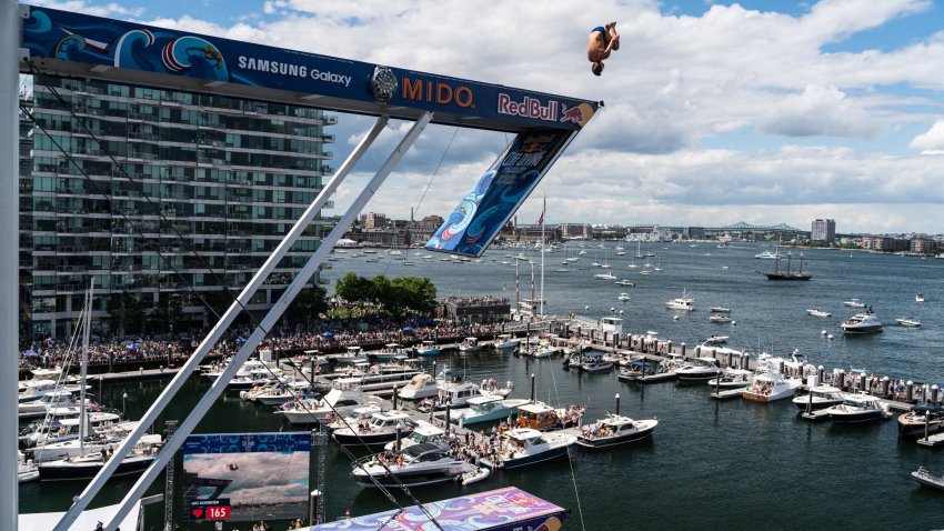 James Lichtenstein of the USA dives from the 27.5 metre platform on the Institute of Contemporary Arts building during the third competition day of the second stop of the 2024 Red Bull Cliff Diving World Series in Boston, USA on June 8, 2024.