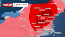 A map showing the tornado risk across the Northeast on Sunday, June 23, 2024. Tornadoes are more likely in central and southern Vermont and New Hampshire and possible across almost all of New England, including in the Boston area and most of New York State.